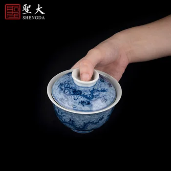 Starinsko chaiyao modre in bele morske vode Canglong vzorec zajema skledo Jingdezhen ročno poslikano čaj nastavite Kung Fu kritje skledo