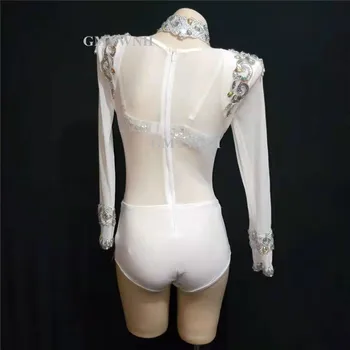 A52 Ženska seksi bele pole dance obleko latinsko fazi kostum okrasnih bodysuit očesa, ki vidijo skozi obleko crystal izvesti oblači