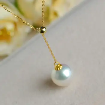 Fine Nakit naravnih Akoya morsko vodo pearl obesek lep krog, nastavljiv 18 K zlato clavicle ogrlica
