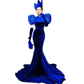 Modni Modri Žamet Dolgo Prikrojevanja Obleko Suh Stretch Ženske Obleke Rojstni Dan Praznovanje Stranka Kostum Nočni Klub Pevka Ples Obrabe