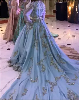 Modro nebo, Maroški Caftan poročne obleke V Vratu Dolge Rokave Kristalno zamah vlak Dubaju, Savdska Arabija, indija poročne obleke receptioon