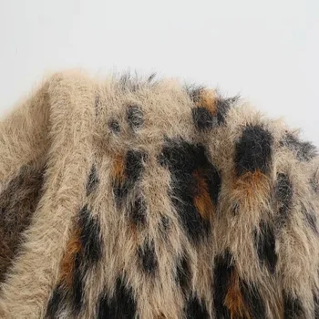 Ženske Jesen In Zimo, Specializiranimi za umetno Krzno Učinek Leopard Jacquardske Pleteni Jakna Moda Krog Vratu Enotni-Zapenjanje Debel Pulover