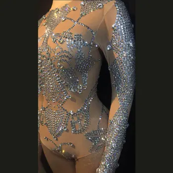 Sparkly Okrasnih Bodysuit Golih glej skozi Uspešnosti Obleko Stranka Praznovanje Glisten kristali Stretch Leotard Fazi Obrabe