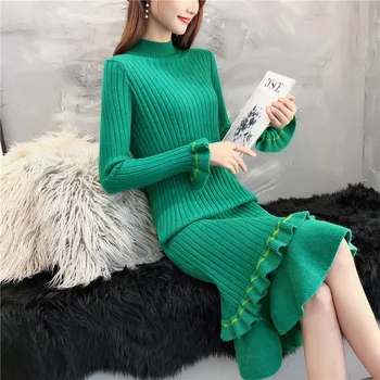 Leni veter puloverju pulover ženske dolgo koleno-dolžina korejska različica 2020 jeseni in pozimi novo dno pleteno obleko