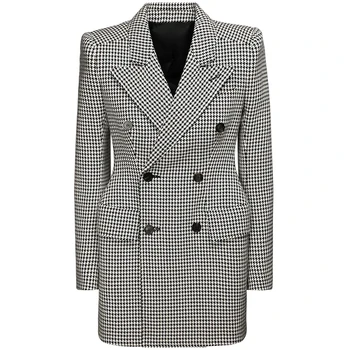 Najnovejši VISOKO QUANLITY Moda 2021 Oblikovalec Coats Žensk Vitek Vgradnjo Dvojno Zapenjanje Mešanica Volne Houndstooth Tweed Plašč