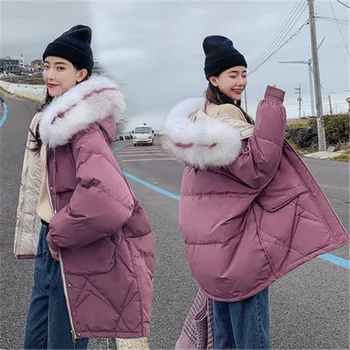 Korejski Zimsko jakno parkas 2019 Jeseni ženske navzdol bombaž-oblazinjena plašč, jakne, modni ženske študentov big krzno hooded coats 817