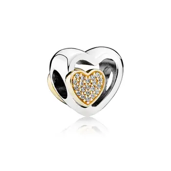 Pandora Čar vedno združena v sterling srebrni in pregleden kubičnih cirkonij utreti v 14K drugi-pravo zlato srce, model: 791806CZ