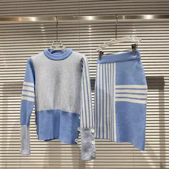 Nove modre črte novih sklada hit določene barve pulover elastični pas pletenje vrečko hip krilo obleko