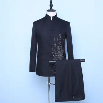 Črn blazer moški ženina, ki bo ustrezala nastavite z hlace moški Kitajski tunika obleka kostum pevka star stil plesa fazi oblačila formalno obleko