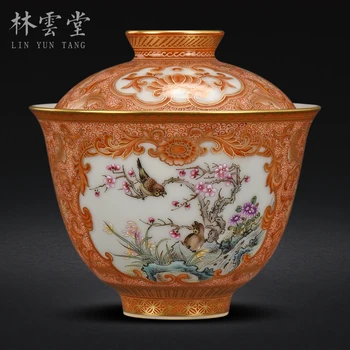 Ročno poslikano galunovec roza cvet in ptic slika II. Skledo pokrijemo. Jingdezhen ročno izdelan keramični tea cup 13c51c