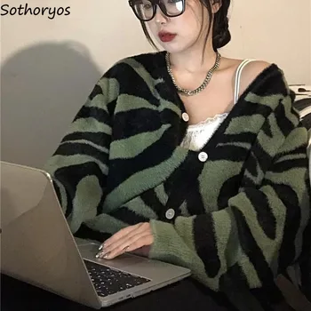 Ženske Jopico Zebra Vzorec, Proti-vrat Svoboden Priložnostne Vse-tekmo beloprsi Singl Pleteni Pulover korejskem Slogu Ulzzang Jeseni Outwear