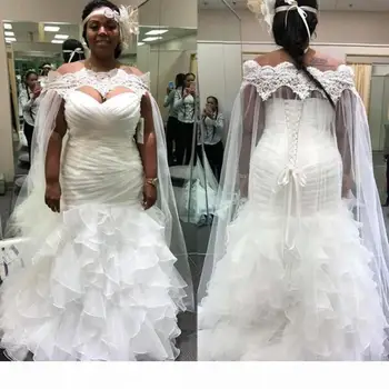 Bela Afriška morska deklica Poročne Obleke 2022 Off Ramenski Plus Velikost Čipke Nevesta z Dolge Poročne Cape