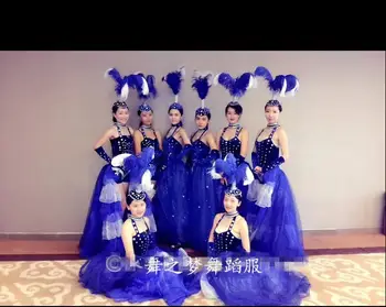 Modra Pero ples kostum španskega flamenka plesne kostume Odpiranje ples obleka Ženske