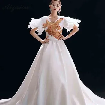 Moderno V Vratu Prikrojevanja Dolgo Cheongsam Obleke Luksuzni Belo Večerno Obleko Qi Pao Ženske Tradicionalno Kitajsko Obleko Fashion Show Qipao