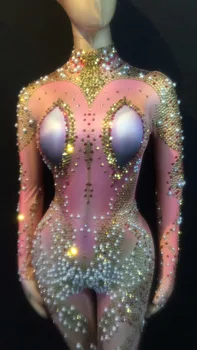 Pink Okrasnih Pearl Vzorec Tiskanje Nogavice Jumpsuit Backless Igralne Obleke Osebnost Uspešnosti Kostum Ženske Ples Pokazal Nositi