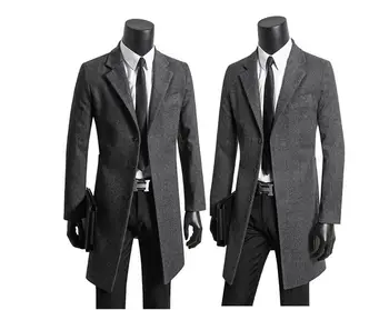 Enotni-zapenjanje volnene plašč moški korejski jarek coats dolge rokave suknji mens kašmir plašč casaco masculino inverno anglija