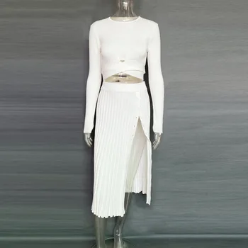 Padec 2021 ženska moda obleko obleke Križ čipke-up dolg rokav odrezana asimetrični vrh+split nabrano krilo dve peice obleko