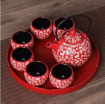 Kitajske tradicionalne rdeče keramične čaj nastavite bo ustrezala ustvarjalne poroko dobave tea cup pot pladenj mladenci darilo