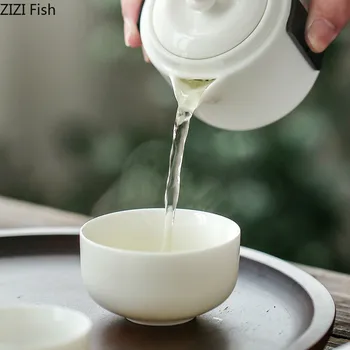 7-delni preprosto belo keramično Kung Fu čaj nastavite Kitajski slog prenosni avto tea cup potovanja čaj, set