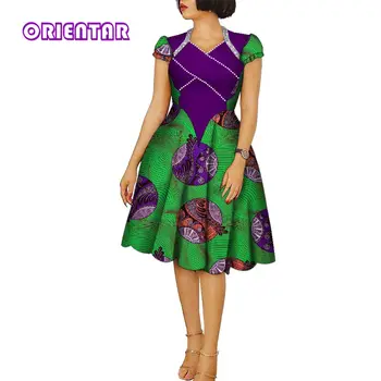 Afriške Obleke za Ženske Ankara Moda Mozaik Koleno Dolžina Naguban Lady Vintage Obleke Maxi Ženske Proti-vrat Obleko WY9273