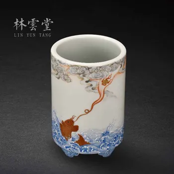 Lin Yuntang je ročno izdelan iz keramike, ročno poslikano galunovec rdeča, zlata ribica in zmaj pero, držalo, študija, namizno Dekoracijo