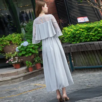XS-3XL Žensko Elegantno Dolgo-Line Obleko Ruffles Trim Slim Banket Obleke Klasičen O-Vrat Temperament Večer Stranka Obleke