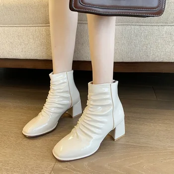 Debele pete kratek škornji ženske spomladi in jeseni eno čevlji 2021 nov modni kvadratni vodja bela visoko peto elastična čevlji