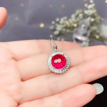 Charming rdeča Ruby prstan in ogrlica za ženske srebrni nakit ognjemet cut pravi krog gem za big velikost birthstone dekle stranka darilo