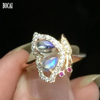 BOCAI 2020 Novo pravi s925 sterling srebro na naravno modrem moonstone srebrni prstan ženska beautiful butterfly ženska obroči