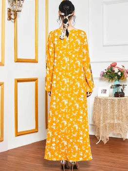 2021 Pomlad Jesen Plus Velikost Maxi obleke za Ženske, Rumena Vezenino Etnične Tassel O Vratu Dolg Rokav arabski Oblačila