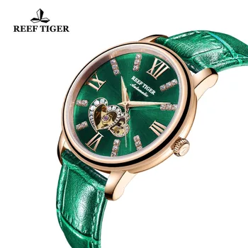 Greben Tiger/RT Novo Modno Oblikovanje Dame Watch Usnje Pasu Jekla, Zeleno Izbiranje Mehanska ura Montre Femme RGA1580