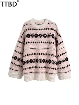 TTBD Ženske za 2021 moda z zračniki strani prevelik jacquardske plesti pulover vintage o vratu dolg rokav ženski puloverji elegantna vrhovi