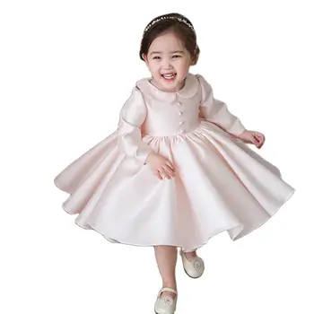Roza Til Newborn Baby Dekleta Cvet Čipke Krst Obleke za 1 Leto, Prvi Rojstni dan Princesa Dolg Rokav Krst Obleke Obleko