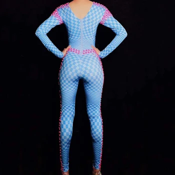 Modni Roza Beaded Dolg Rokav Modra Kariran Ženske Jumpsuits Stretch Suh Spandex Bodysuits Nočni Klub Pevka, Plesalka Fazi Obrabe