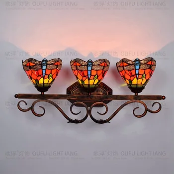 Rdeča Dragonfly Tiffany stekla art stenske svetilke RETRO tri glave svetilke bar, restavracija kopalnica ogledalo lučka