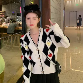 2021 Novi korejski Slog Oblikovanja Argyle Pulover Ženske Izgubijo Proti-vrat Dolgimi rokavi Pulover Cardigan