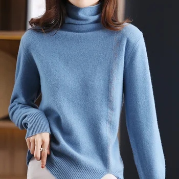 Kašmir pulover ženske jesen/zima novo leto dolgo sleeved priljubljena pulover volna in pletenine oversize dame visoko vratu vrh