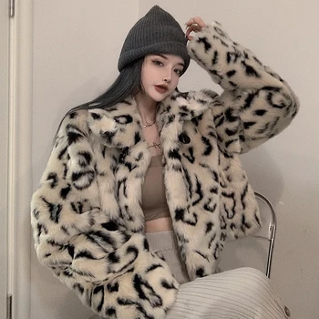 Moda Leopard Kratek Krznen Jakna Ženska 2021 Pomlad, Toplo Specializiranimi za umetno Krzno Plašč Ženska korejski Zavoj navzdol Ovratnik Plišastih Coats