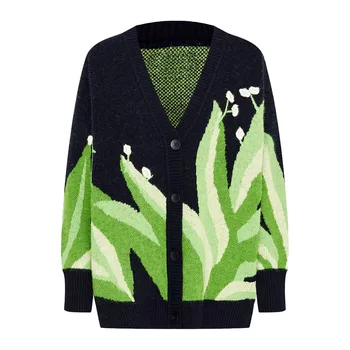 ZA jeseni nov izdelek za temperament preproste ženske pastorala slog rastlin jacquardske pletene enotni-zapenjanje Proti-vrat jopico jakna