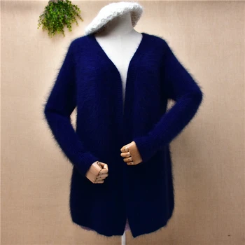 ženske ženske jesensko zimska oblačila kosmat mink kašmir pletene dolgimi rokavi, v-izrez svoboden jopico plašč angora krzno plašč jakna