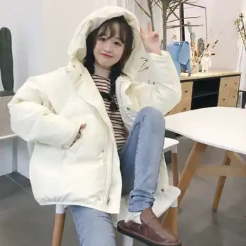 Hood Toplo Prešite Coats Korejski Moda Ohlapne Kratke Bombaž-Oblazinjena Zimska Jakna Ženske Bež Bela Toplo Outwear Black Parkas C7897