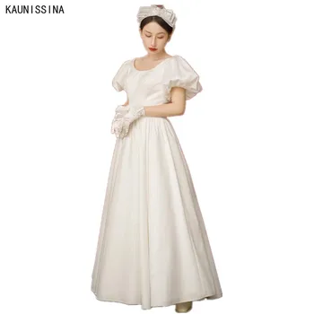 KAUNISSINA Preprosta O-Vratu Bele Poročne Obleke Kratek Rokav Naguban Seksi Backless Nevesta Obleko korejski Saten A-Linijo Poročnih Oblek