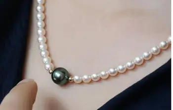 Elegantno 9-12 mm južno morje krog bela črna biserna ogrlica, obesek 925silver