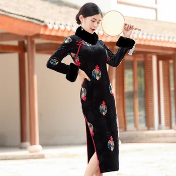 OEING Nove Ženske Kitajski Slog Cheongsam Obleko Elegantno Vitek Jesen Zima Qipao M-5XL