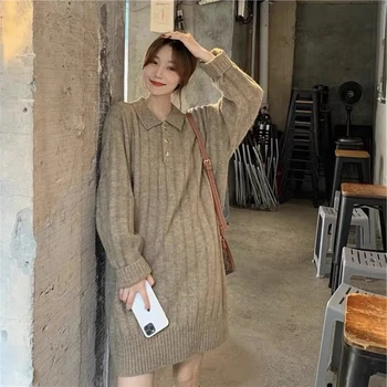 Vintage Debel Pleteno Obleko za Ženske, Japonske, koreje 2021 Elegantno Trdna Ohlapno Zavijemo Navzdol Vratu Mini talarji Priložnostne