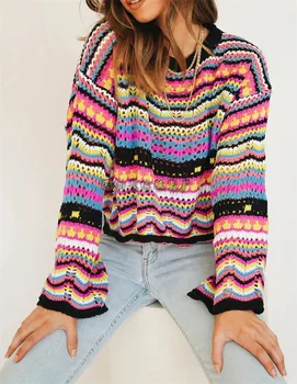 2021 jesen in zimo, Amazon nove Evropske in Ameriške šivanje pulover svoboden barve mavrice krog vratu prugasta pulover ženske
