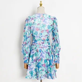Vintage Blue Print Cvetlični Obleka Ženska V Vratu Dolg Rokav Visoko Pasu Ruched Slim Mini Obleke Za Ženske 2021 Poletnih Oblačil